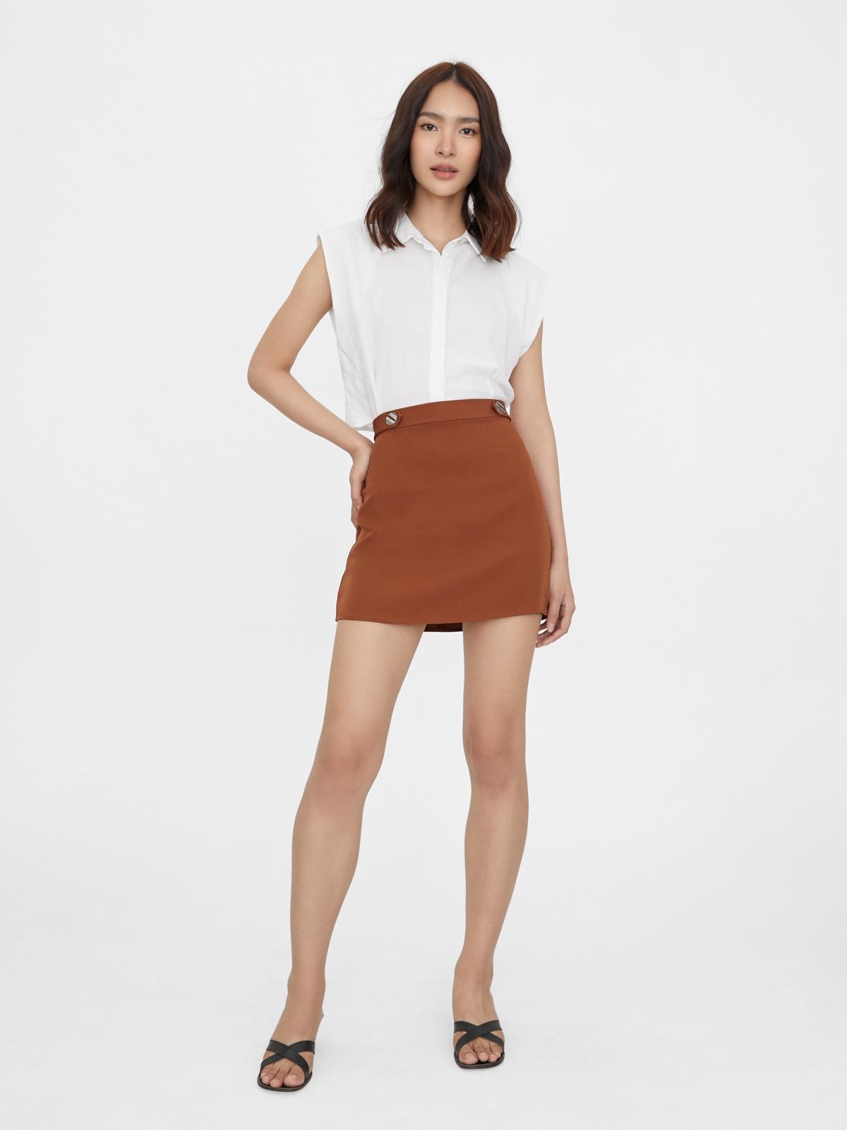 Double Button Mini Skirt - Brown