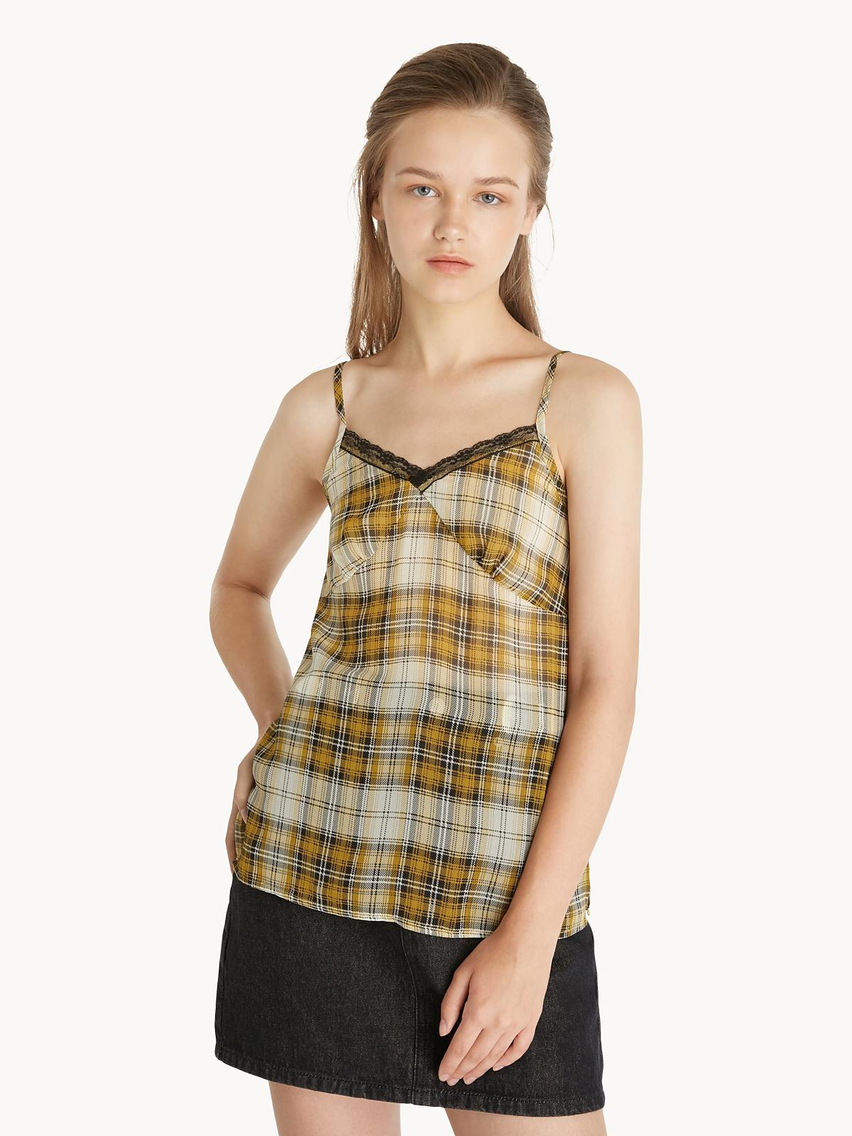 Lace Hem Plaid Cami Top - Yellow