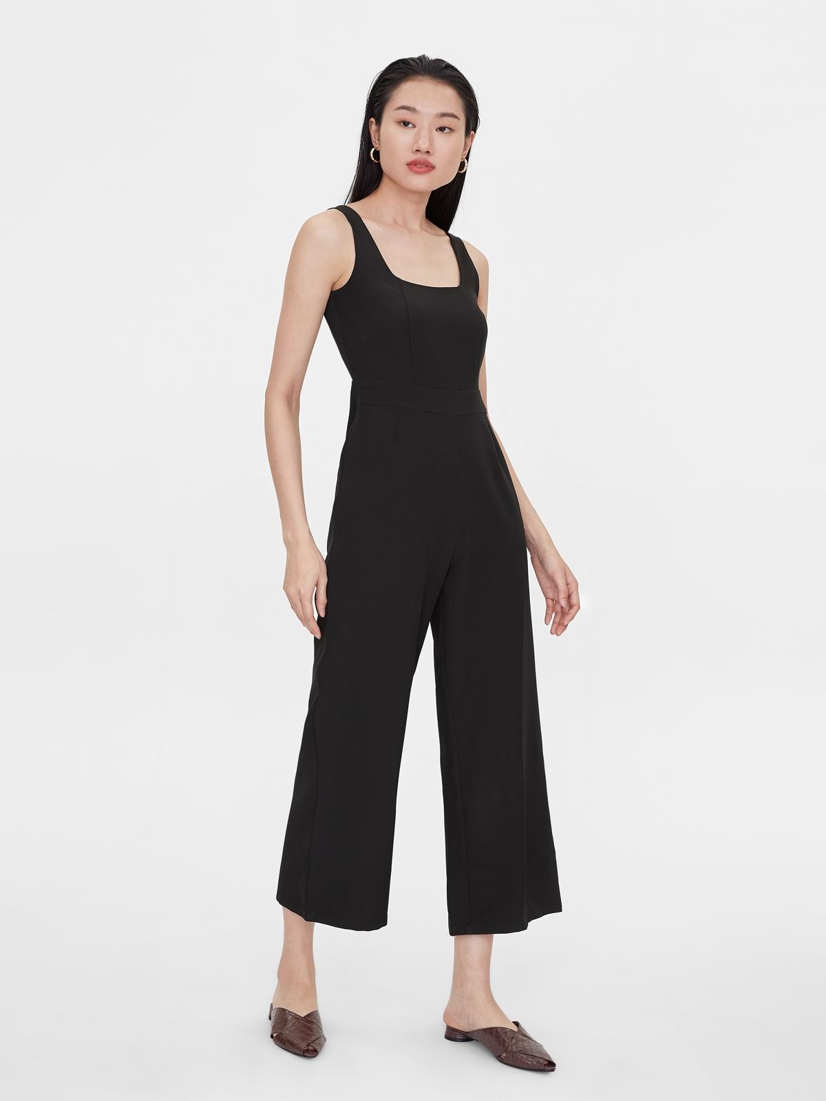 Basic Square Neck Sleeveless Jumpsuit - Black